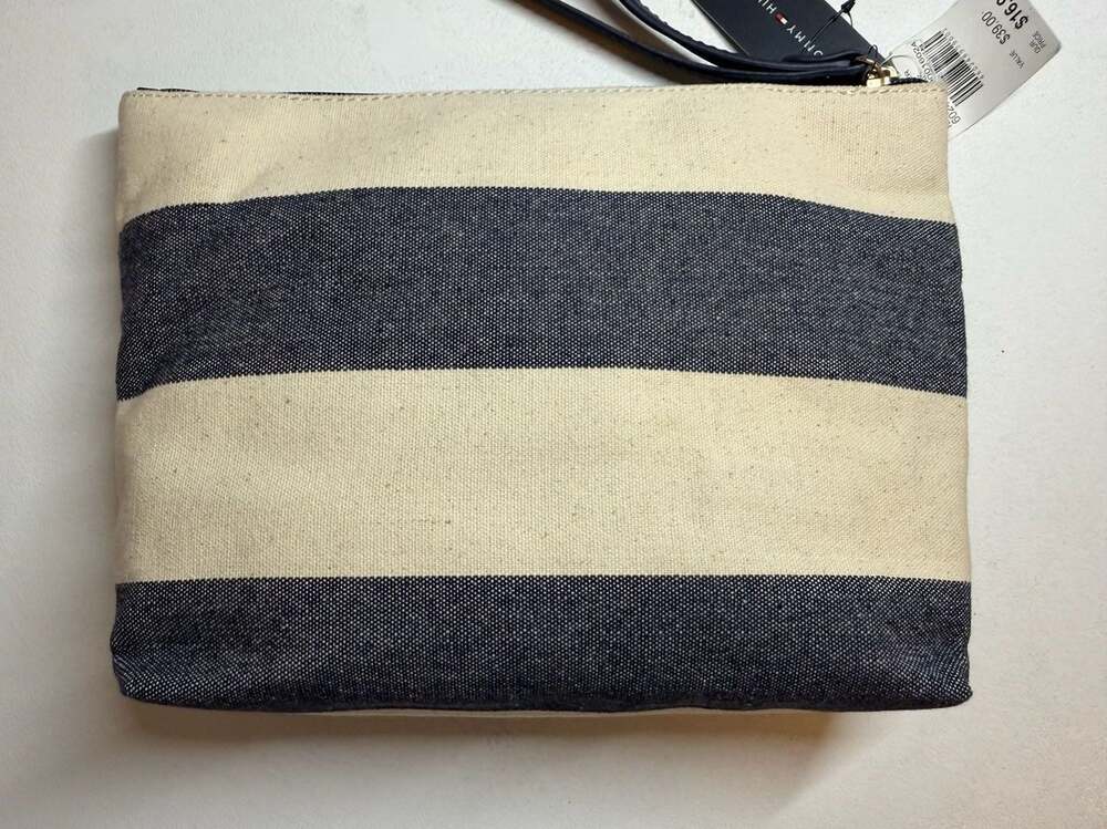 Tommy Hilfiger Navy and Natural Striped Canvas Clutch and Wristlet Set - Picture 2 of 10